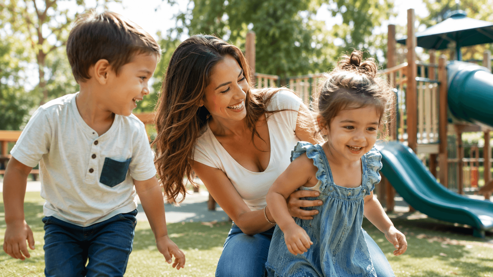 A parent enjoying a sunny playground with her two children